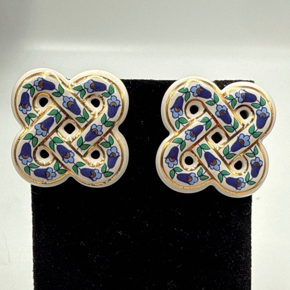 Vintage Porcelain Celtic Knot Stud Earrings Blue Floral‎ Gold Trim Ceramic Studs